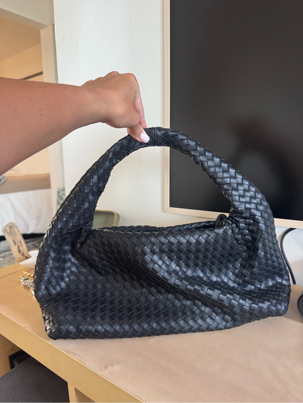 Woven Leather Shoulder Bag in Black